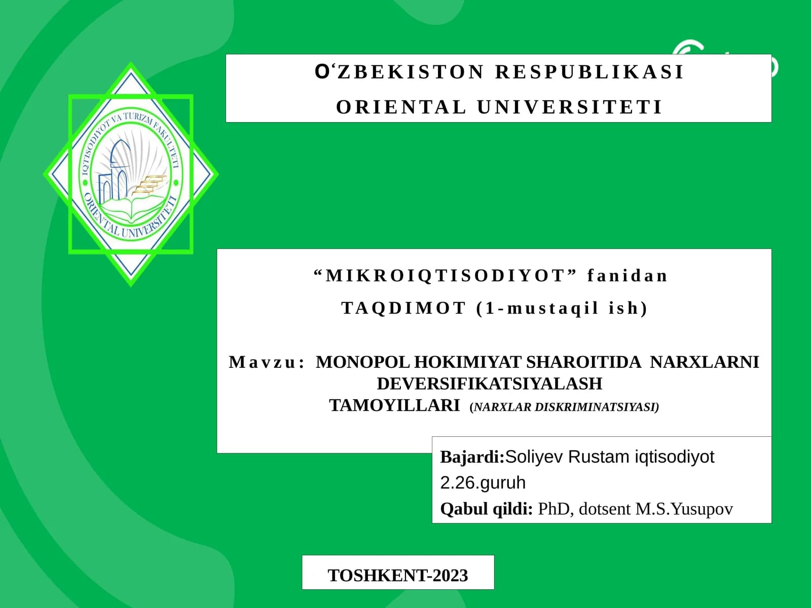 MONOPOL HOKIMIYAT SHAROITIDA NARXLARNI DEVERSIFIKATSIYALASH TAMOYILLARI(NARXLAR DISKRIMINATSIYASI)