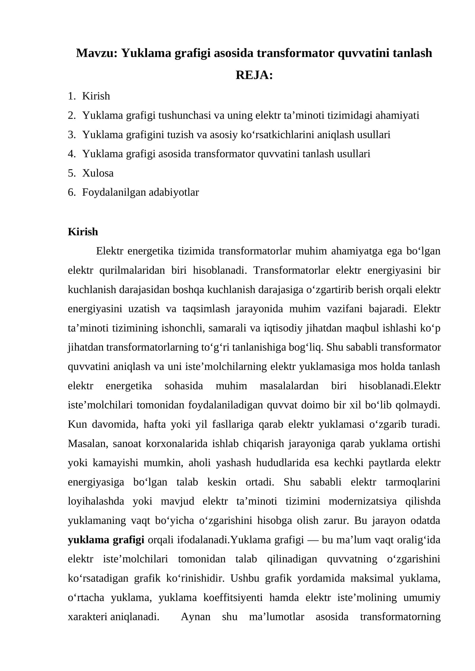 Yuklama grafigi asosida transformator quvvatini tanlash