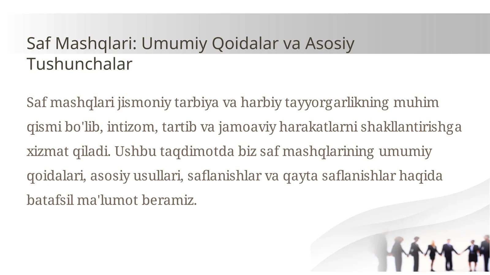 Saf Mashqlari: Umumiy Qoidalar va Asosiy Tushunchalar
