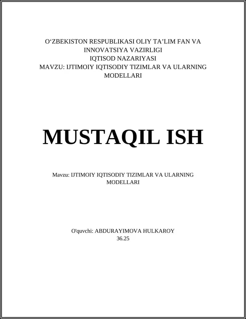 IJTIMOIY IQTISODIY TIZIMLAR VA ULARNING MODELLARI