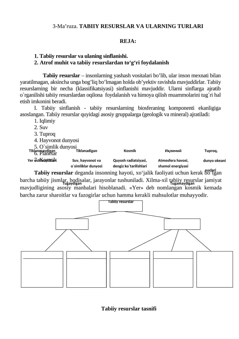 Tabiiy resurslar va ularning turlari