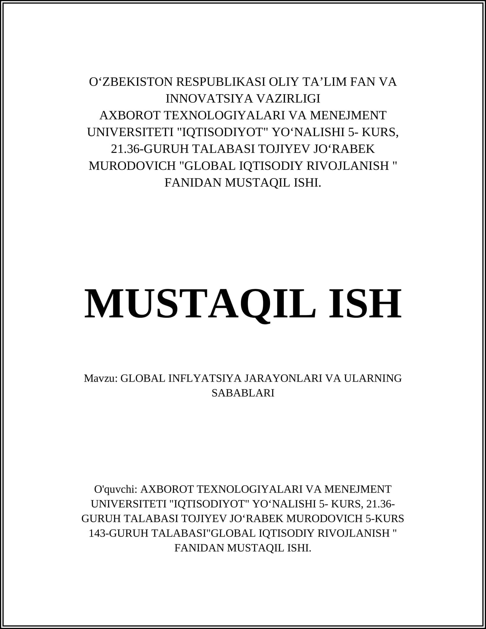 MUSTAQIL ISH: GLOBAL INFLYATSIYA JARAYONLARI VA ULARNING SABABLARI