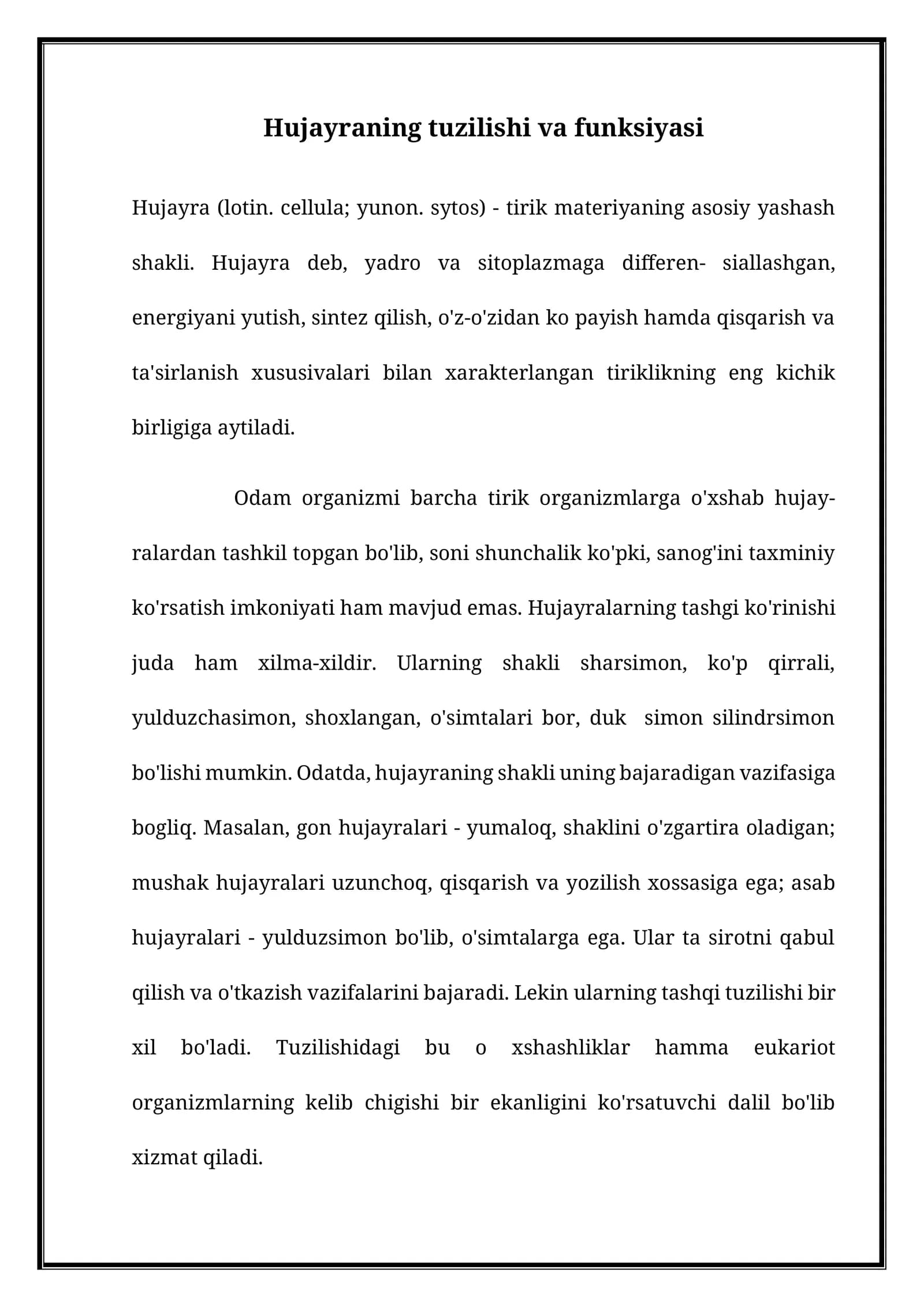 Hujayraning tuzilishi va funksiyasi