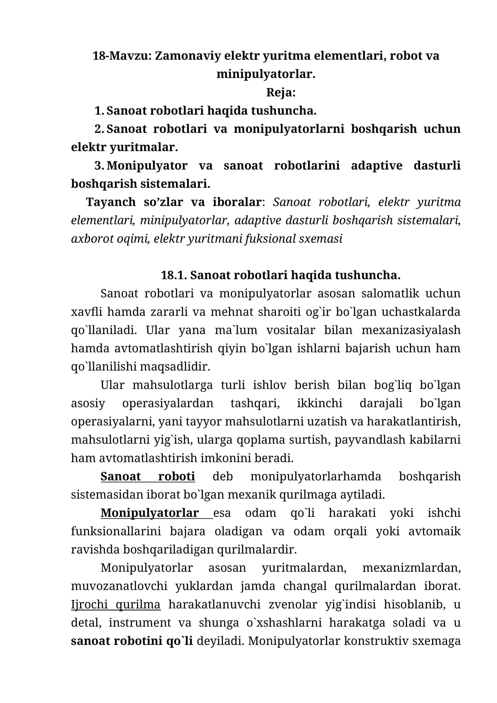 Zamonaviy elektr yuritma elementlari, robot va minipulyatorlar