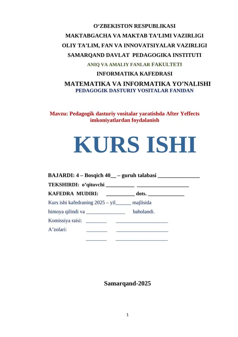 Pedagogik dasturiy vositalar yaratishda After Yeffects imkoniyatlardan foydalanish