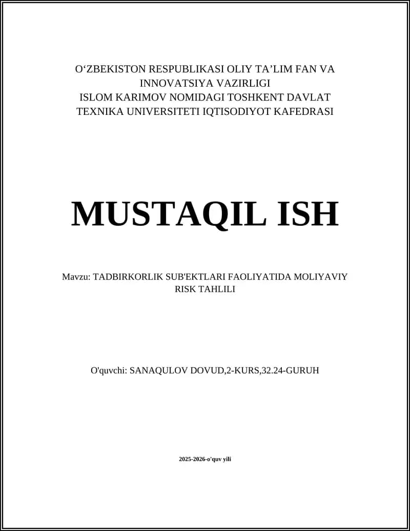 TADBIRKORLIK SUB'EKTLARI FAOLIYATIDA MOLIYAVIY RISK TAHLILI