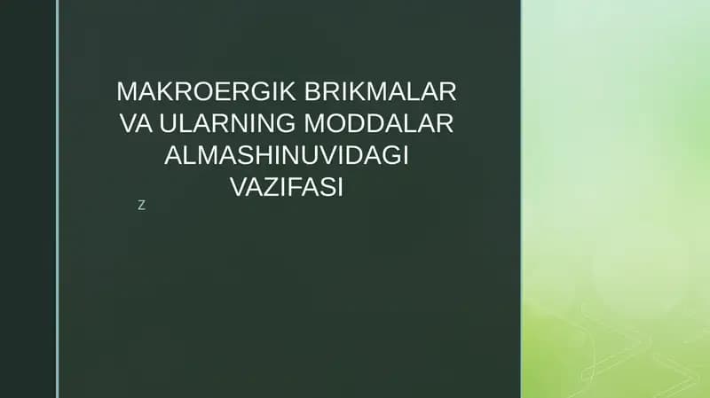 MAKROERGIK BRIKMALAR VA ULARNING MODDALAR ALMASHINUVIDAGI VAZIFASI