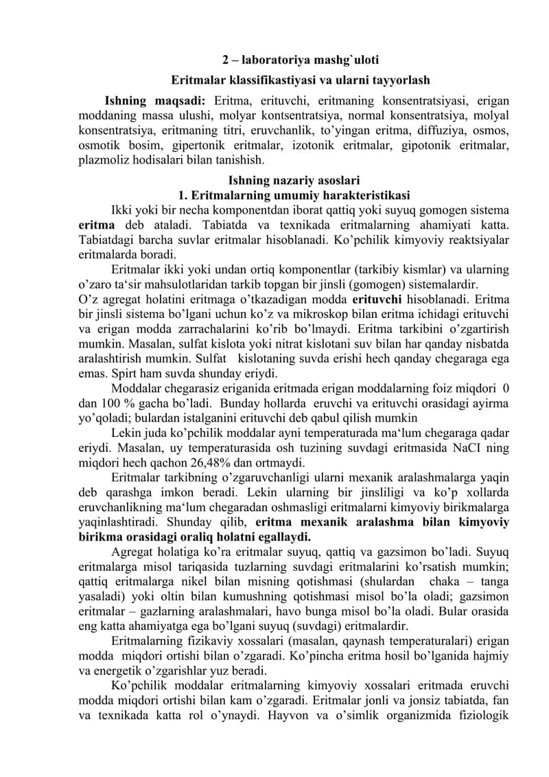 Laboratoriya mashg'uloti - Eritmalar klassifikatsiyasi va ularni tayyorlash