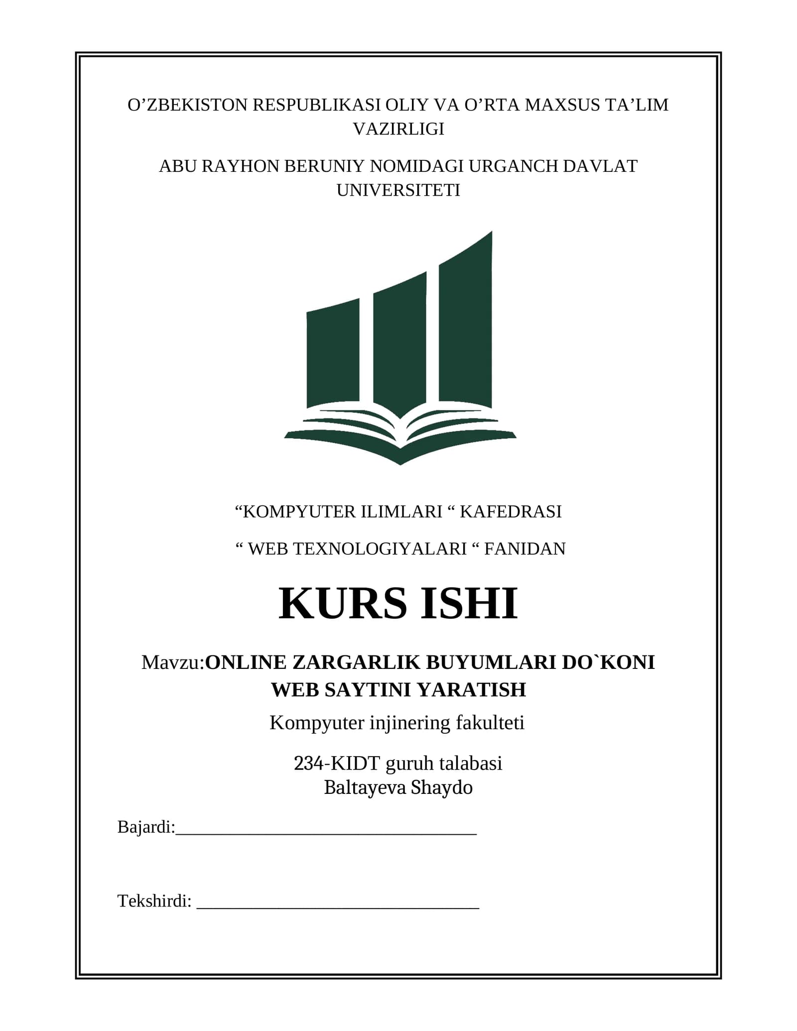 ONLINE ZARGARLIK BUYUMLARI DO`KONI WEB SAYTINI YARATISH