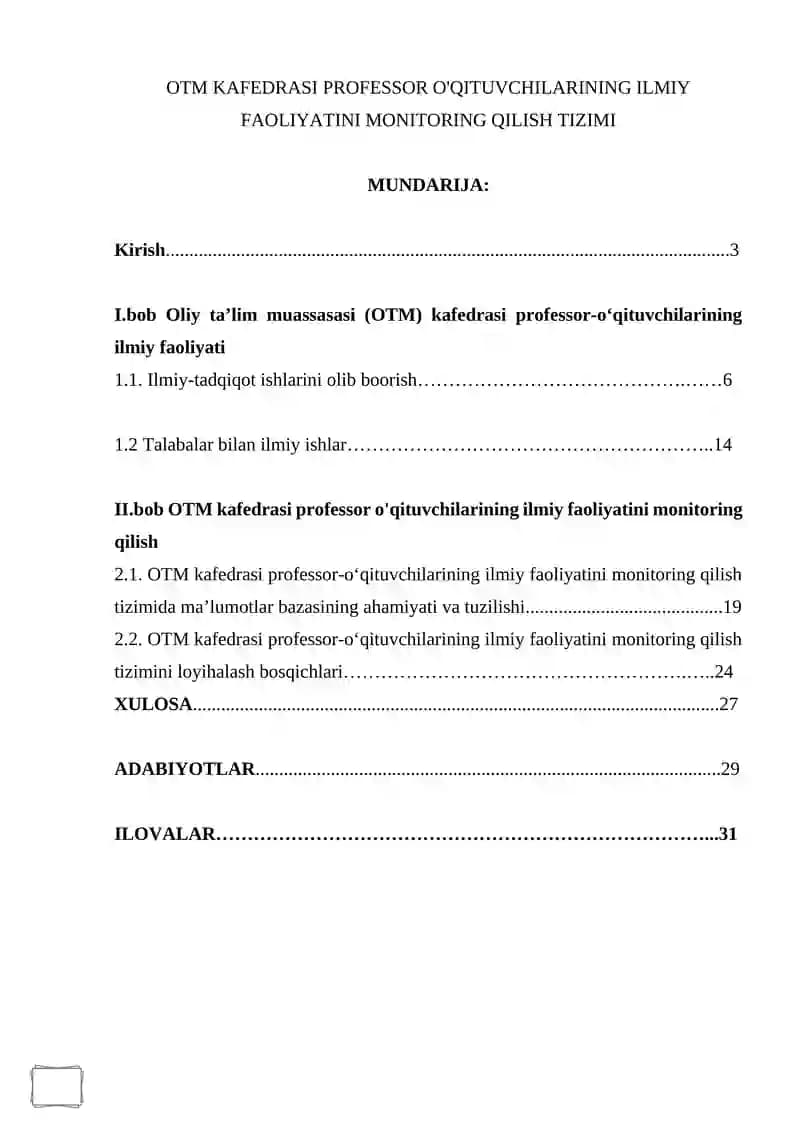 OTM KAFEDRASI PROFESSOR O'QITUVCHILARINING ILMIY FAOLIYATINI MONITORING QILISH TIZIMI