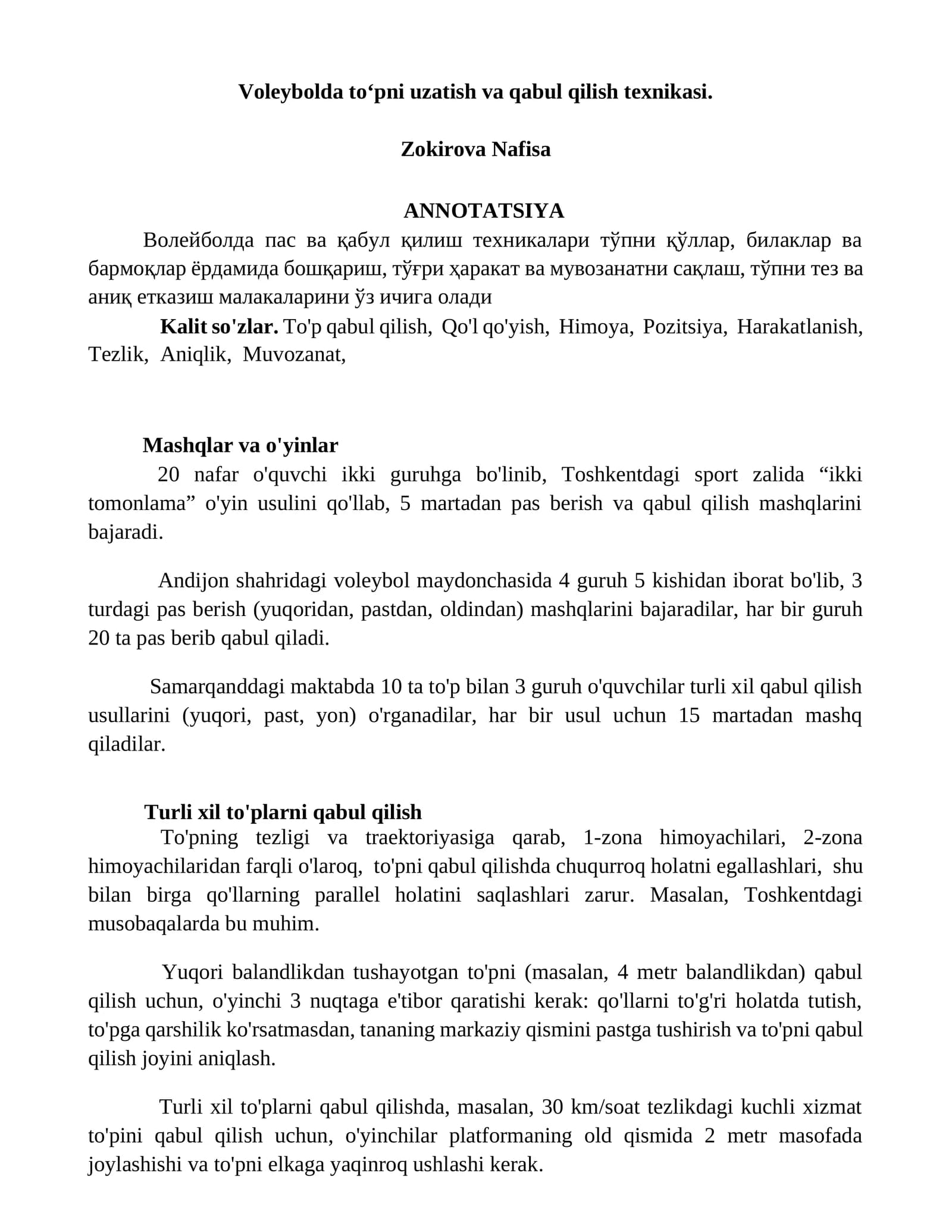 Voleybolda to‘pni uzatish va qabul qilish texnikasi