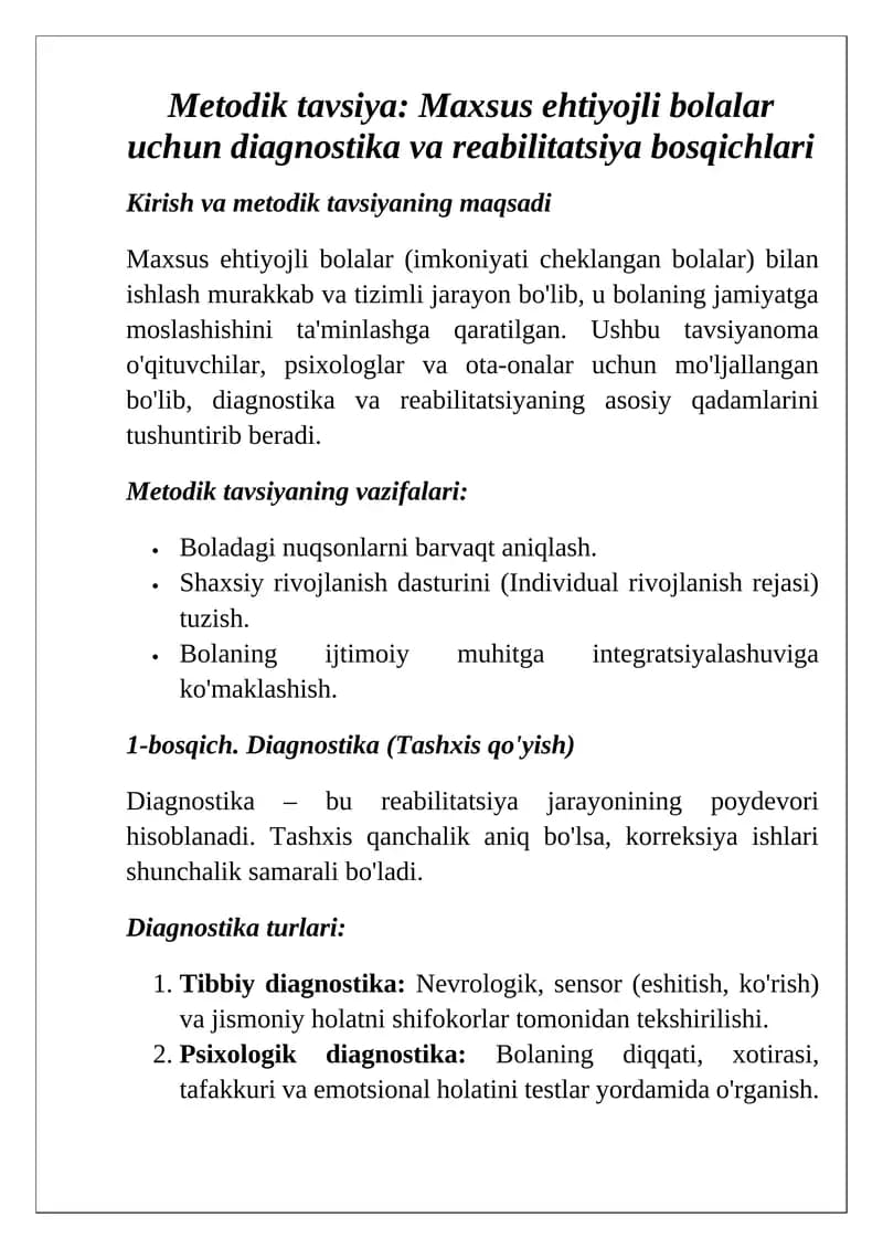 Metodik tavsiya: Maxsus ehtiyojli bolalar uchun diagnostika va reabilitatsiya bosqichlari