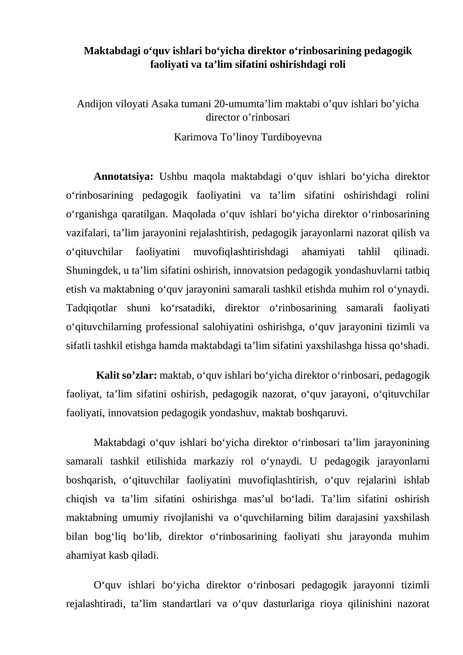 O‘quv ishlari bo‘yicha direktor o‘rinbosarining pedagogik faoliyati va ta’lim sifatini oshirishdagi roli