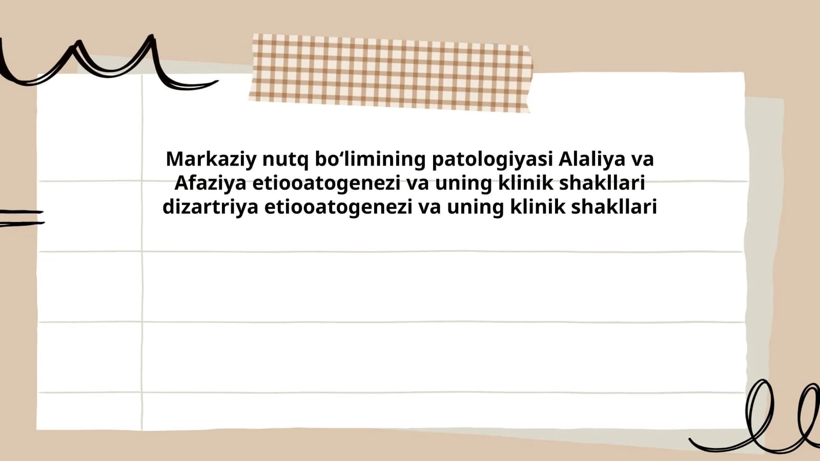 Markaziy nutq boʻlimining patologiyasi Alaliya va Afaziya etiooatogenezi va uning klinik shakllari dizartriya etiooatogenezi va uning klinik shakllari