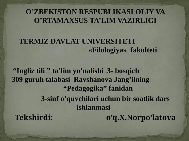 3-sinf o’quvchilari uchun bir soatlik dars ishlanmasi