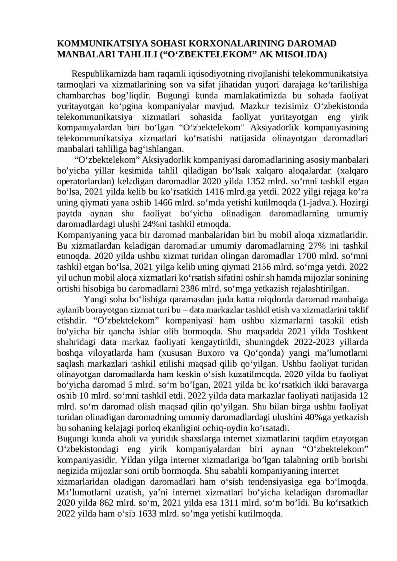 Kommunikatsiya sohasi korxonalarining daromad manbalari tahlili
