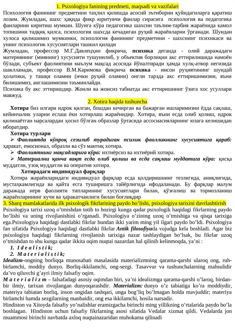 Psixologiya fanining predmeti, maqsadi va vazifalari