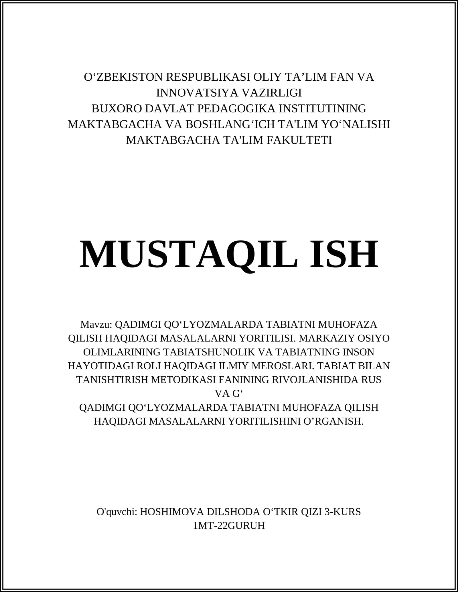 QADIMGI QO‘LYOZMALARDA TABIATNI MUHOFAZA QILISH HAQIDAGI MASALALARNI YORITILISHI