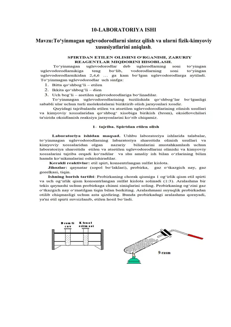 To‘yinmagan uglevodorodlarni sintez qilish va ularni fizik-kimyoviy xususiyatlarini aniqlash