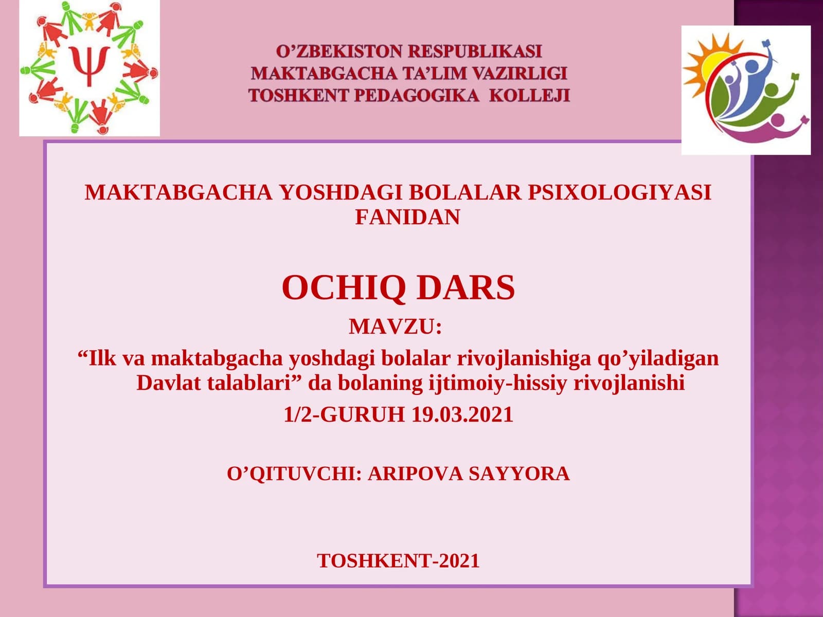 MAKTABGACHA YOSHDAGI BOLALAR PSIXOLOGIYASI FANIDAN