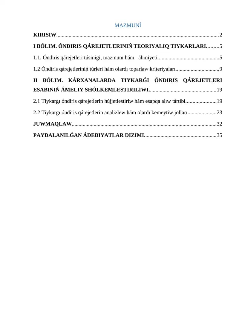 Tiykarǵı óndiris qárejetleri esabı