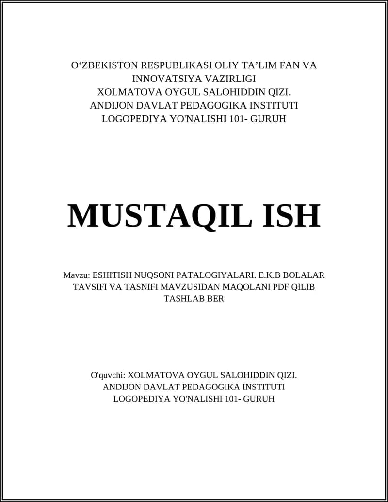 ESHITISH NUQSONI PATALOGIYALARI