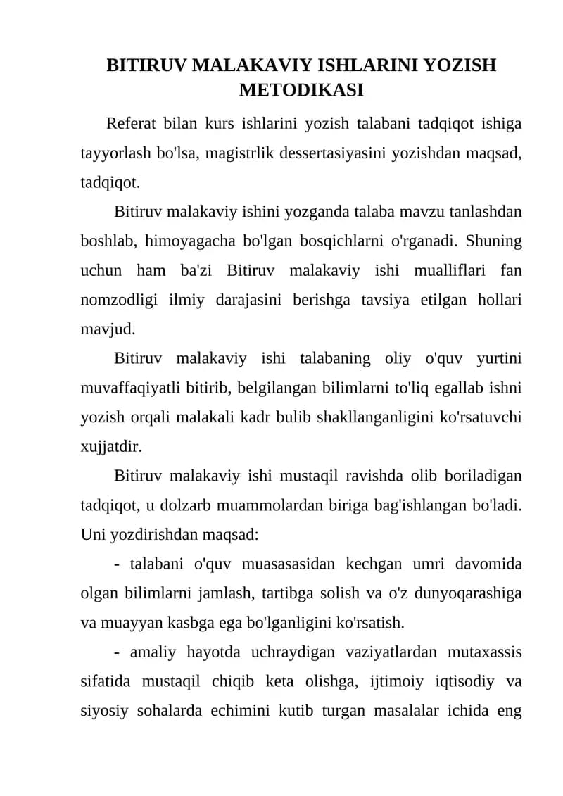 Bitiruv Malakaviy Ishlarini Yozish Metodikasi