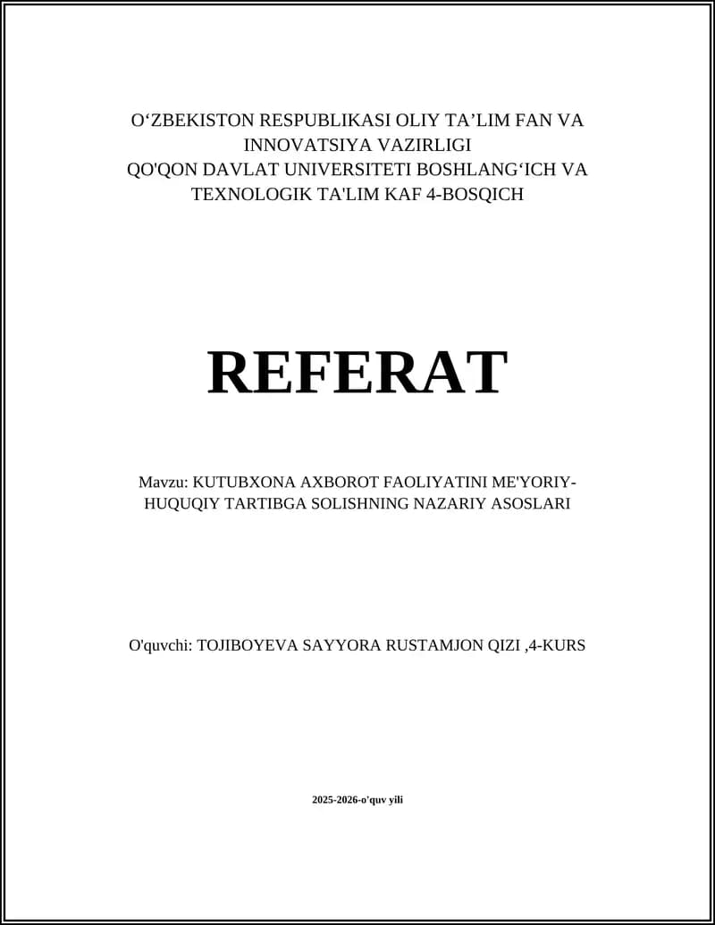 Kutubxona Axorot Faoliyatini Tartibga Solish Nazariy Asoslari