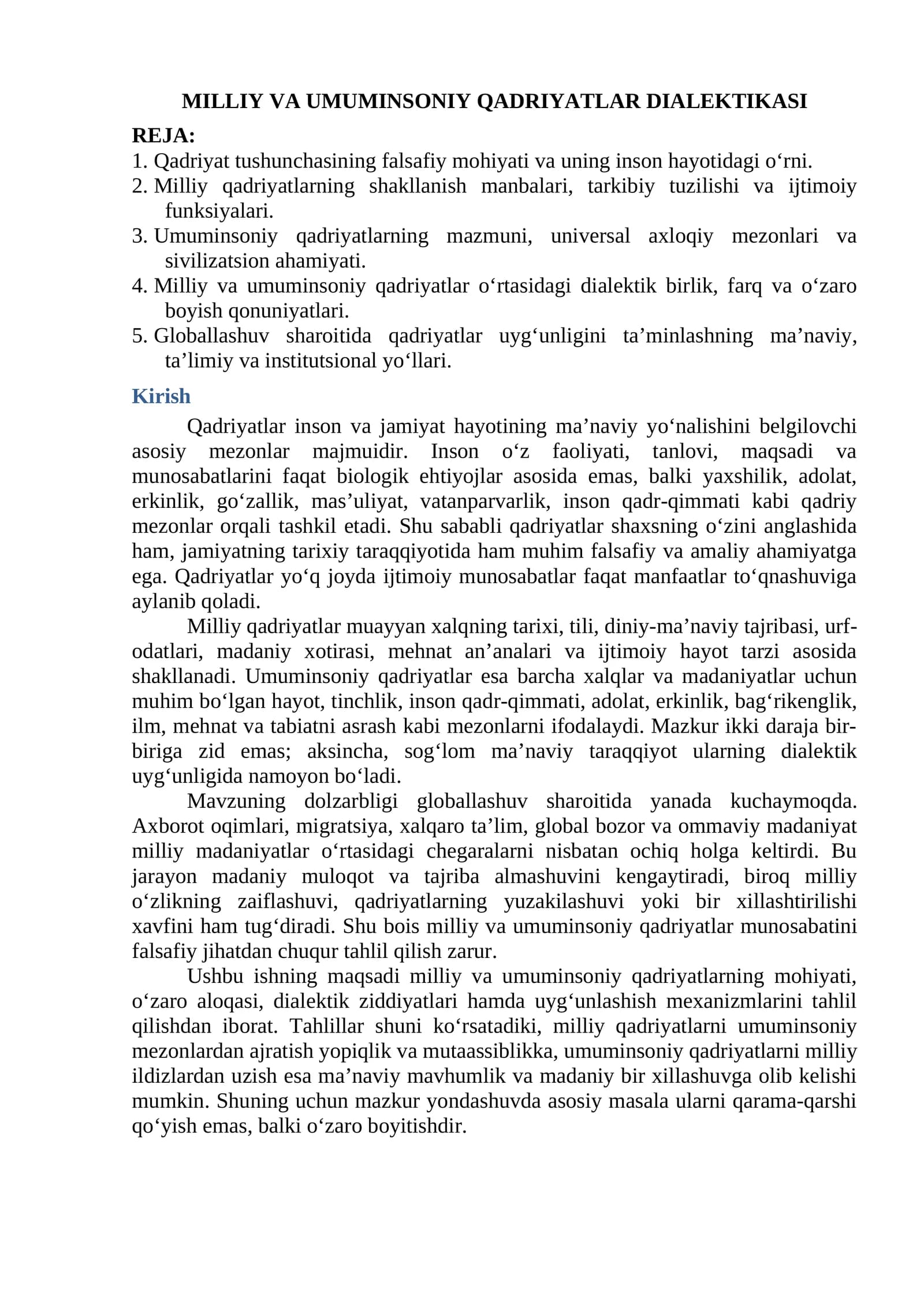 MILLIY VA UMUMINSONIY QADRIYATLAR DIALEKTIKASI