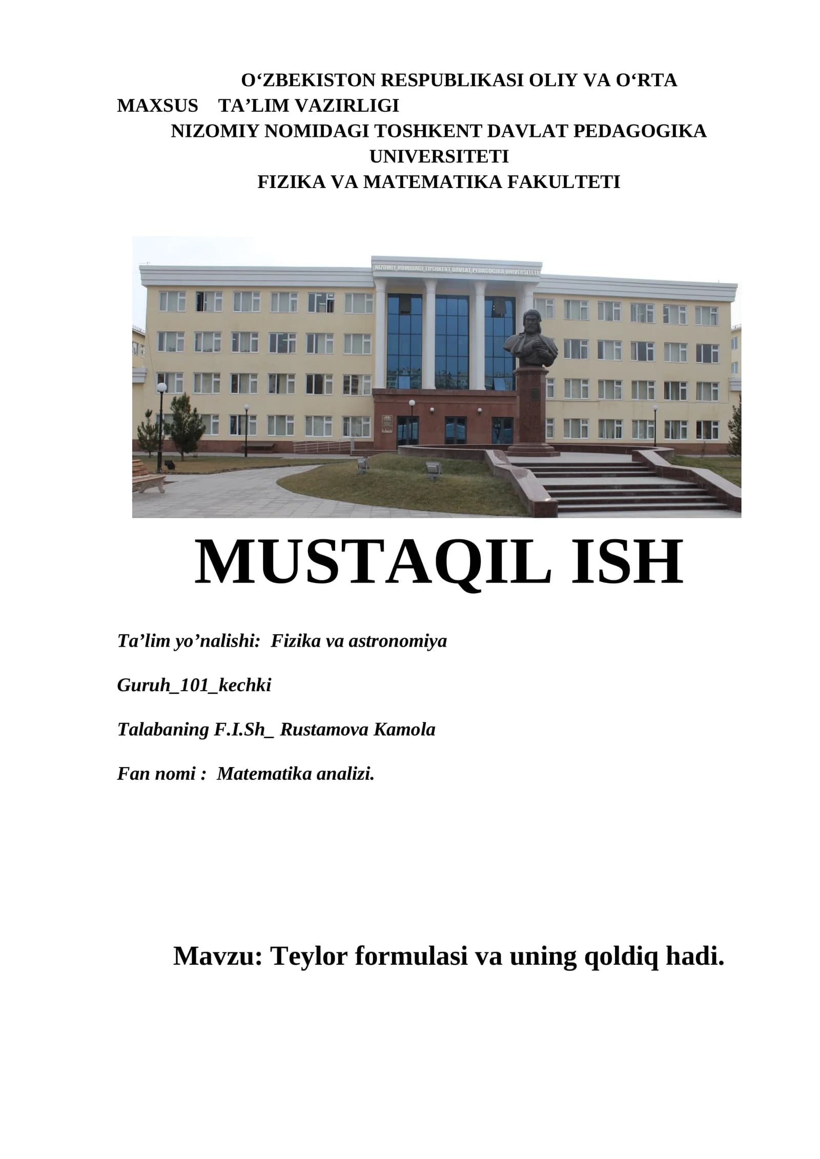 Teylor formulasi va uning qoldiq hadi