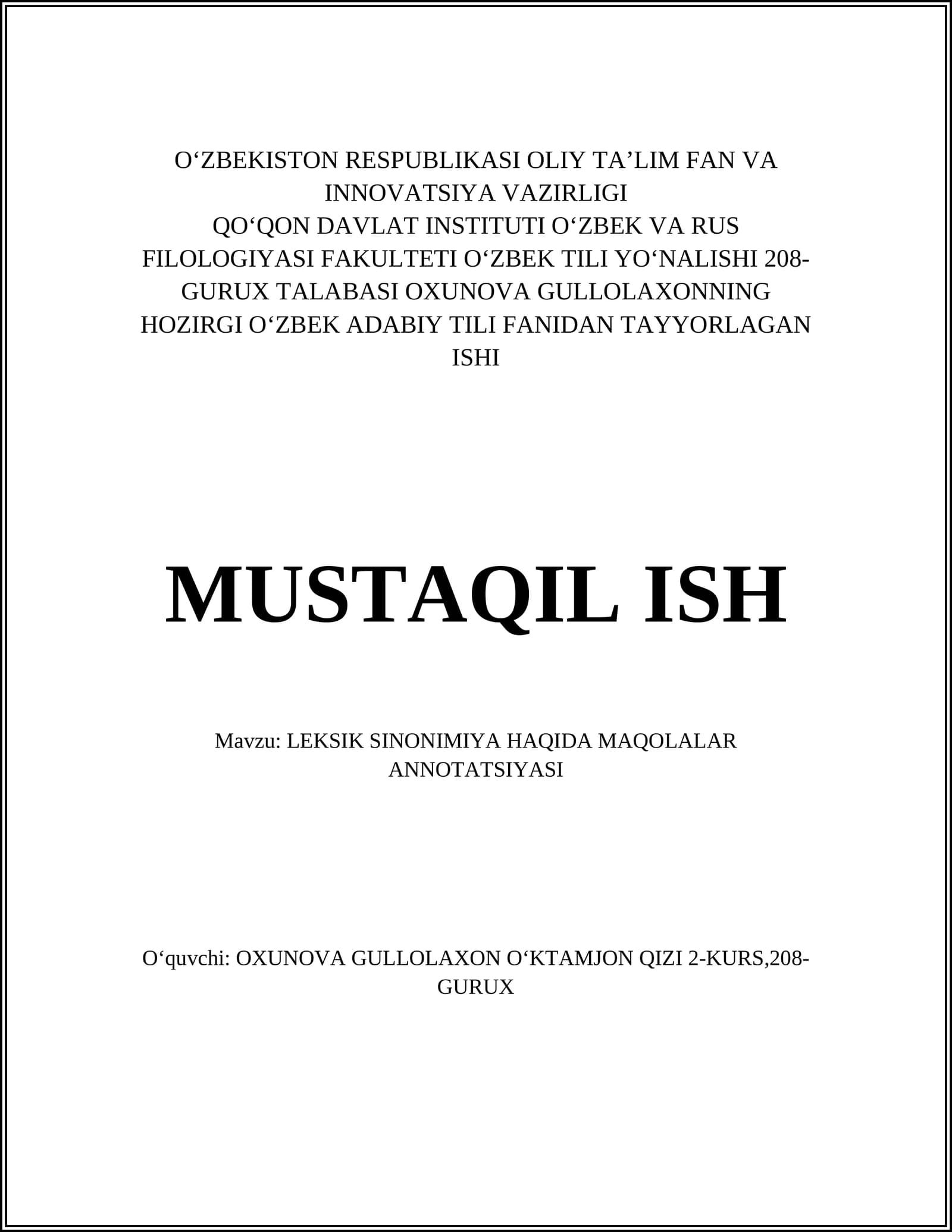 LEKSIK SINONIMIYA HAQIDA MAQOLALAR ANNOTATSIYASI