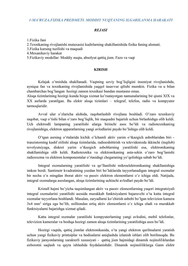 Fizika Predmeti. Moddiy Nuqtaning Ilgarilma Harakati Rejasi