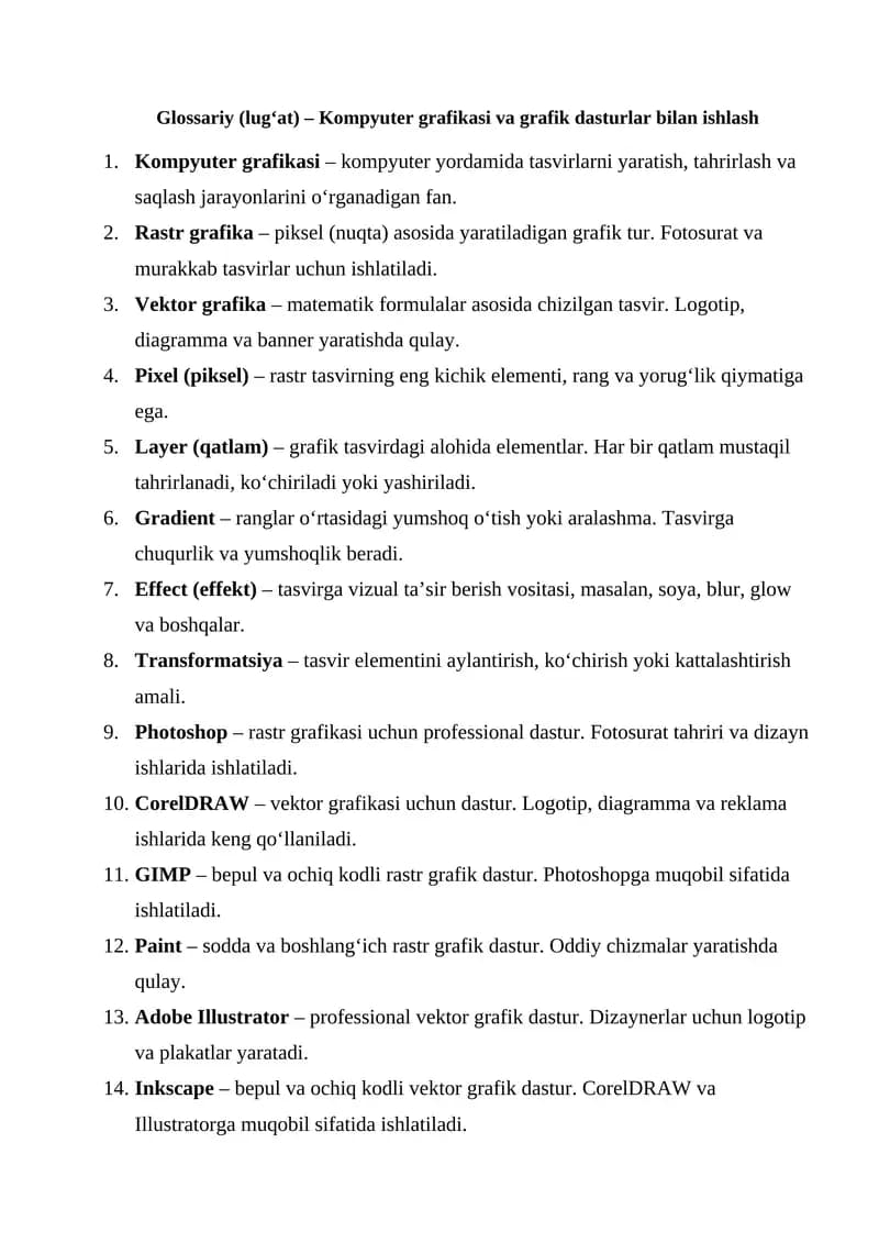 Kompyuter grafikasi va grafik dasturlar bilan ishlash