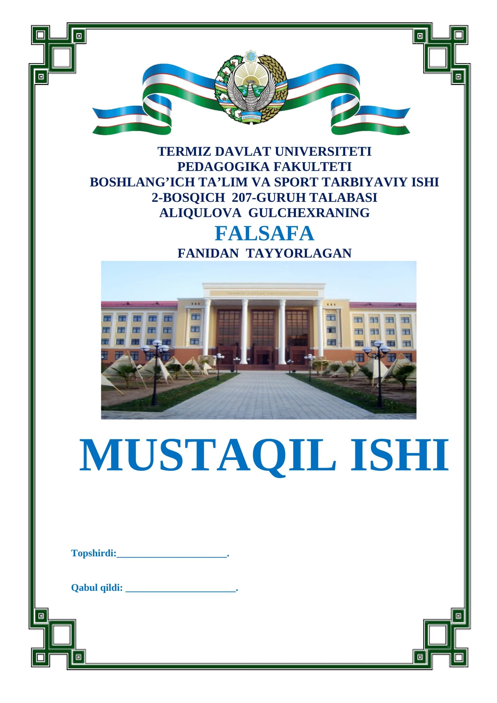 FALSAFA FANIDAN TAYYORLAGAN MUSTAQIL ISHI