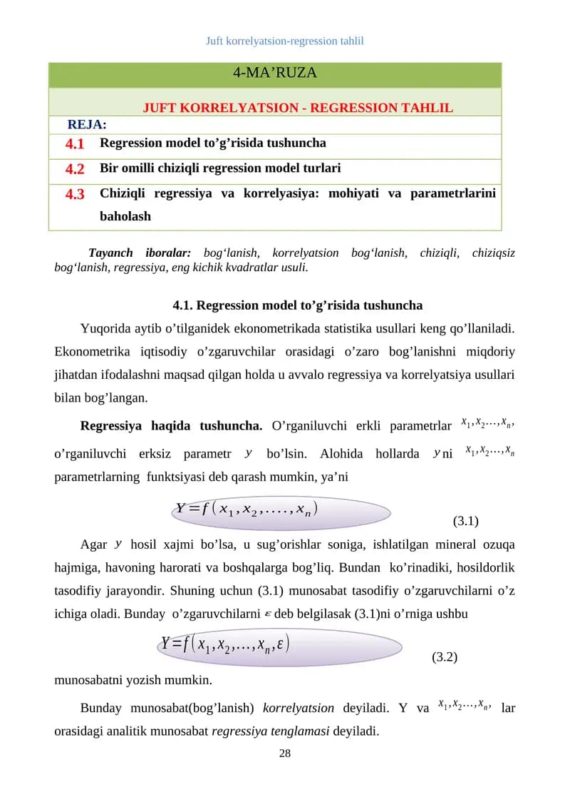 Juft korrelyatsion-regression tahlil
