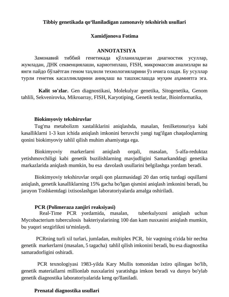 Zamonaviy Tibbiy Genetikada Diagnostik Usullar