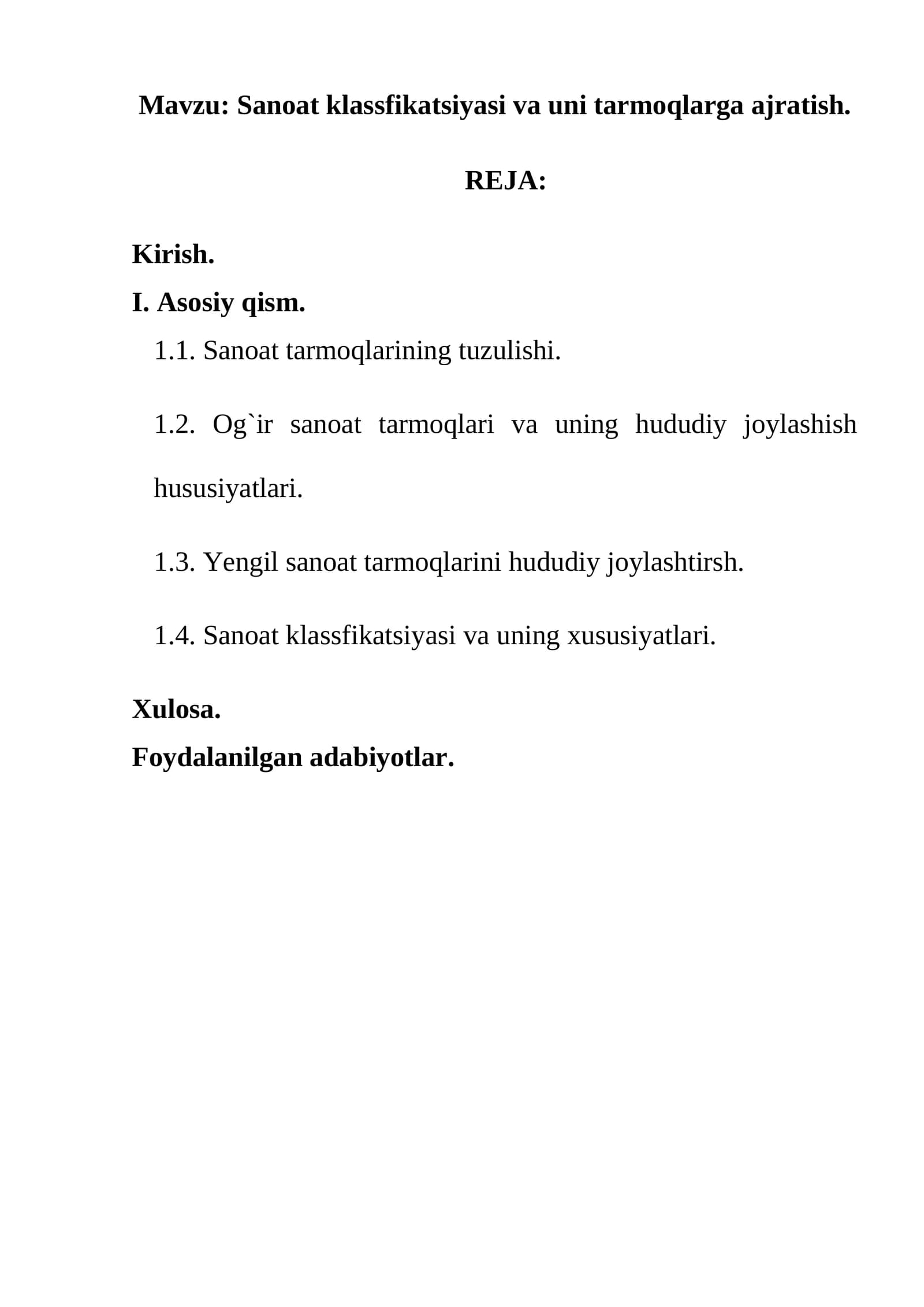 Sanoat klassfikatsiyasi va uni tarmoqlarga ajratish