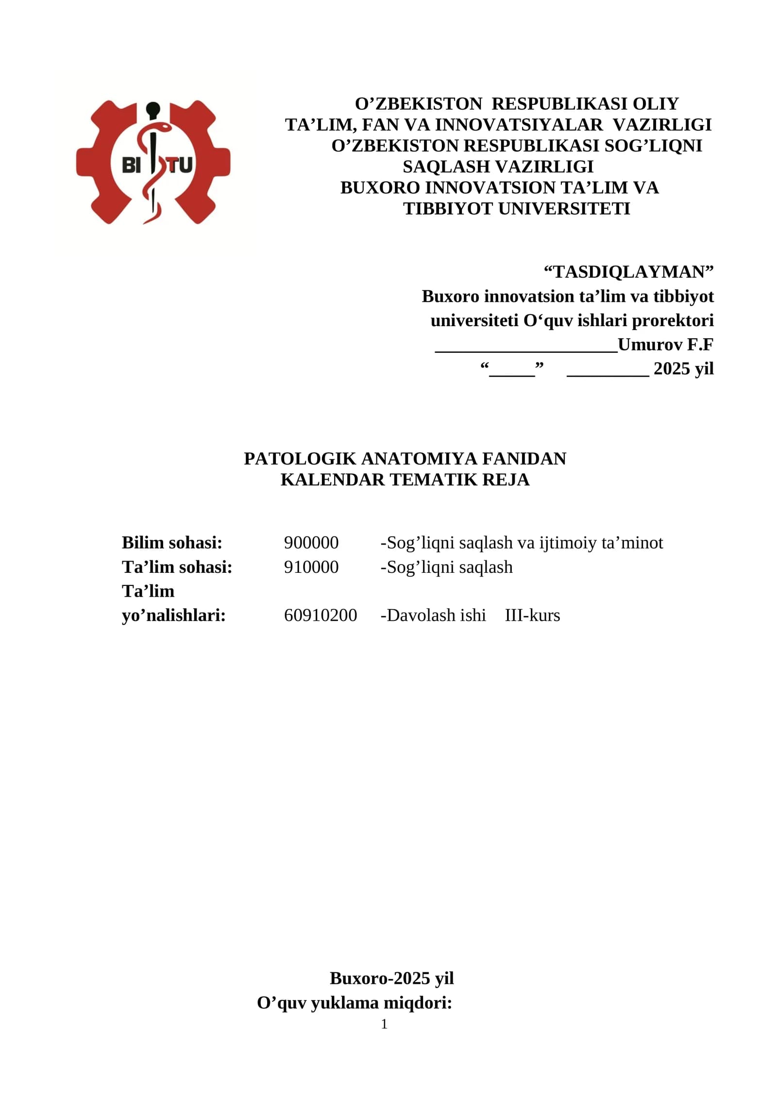 PATOLOGIK ANATOMIYA FANIDAN KALENDAR TEMATIK REJA