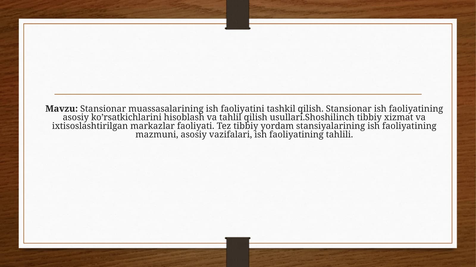 Stansionarmuassasalarining ish faoliyati