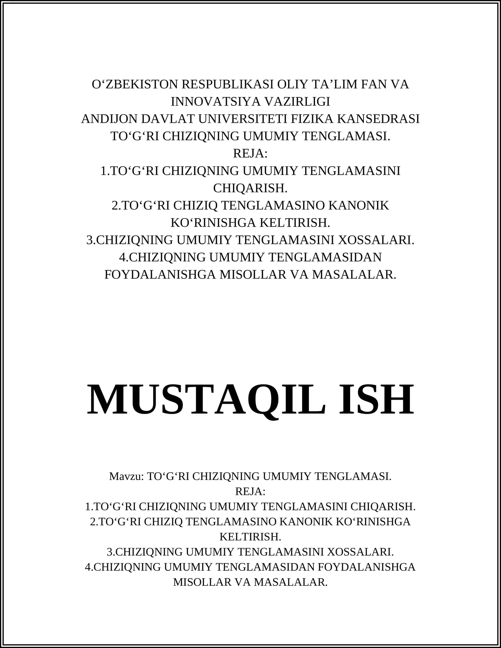 TOʻGʻRI CHIZIQNING UMUMIY TENGLAMASI