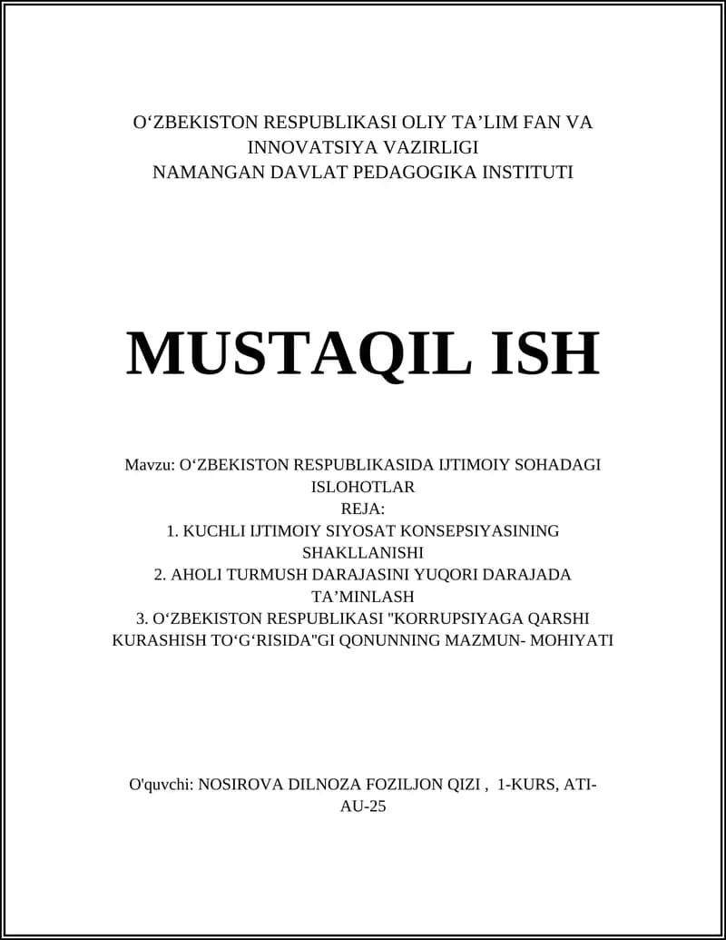 OʻZBEKISTON RESPUBLIKASIDA IJTIMOIY SOHADAGI ISLOHOTLAR