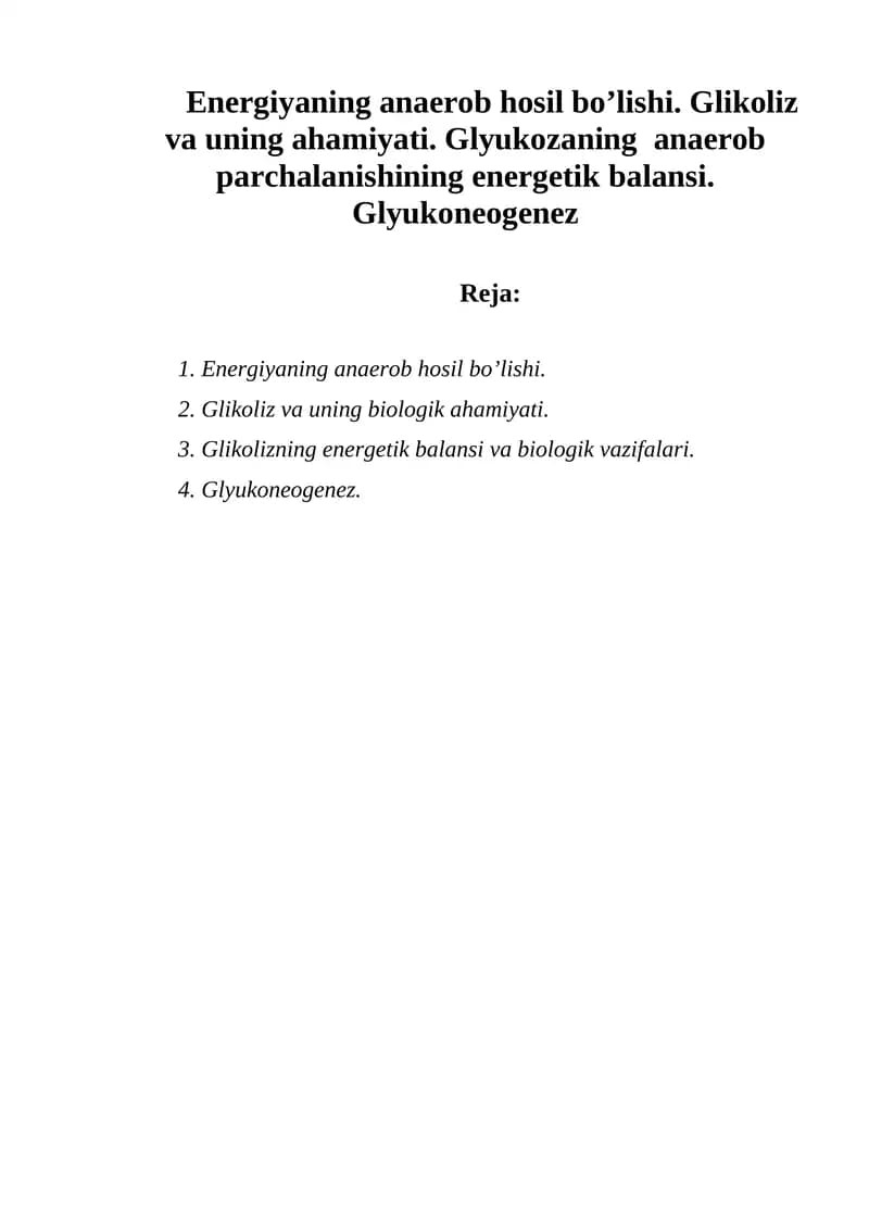 Energiyaning anaerob hosil bo’lishi