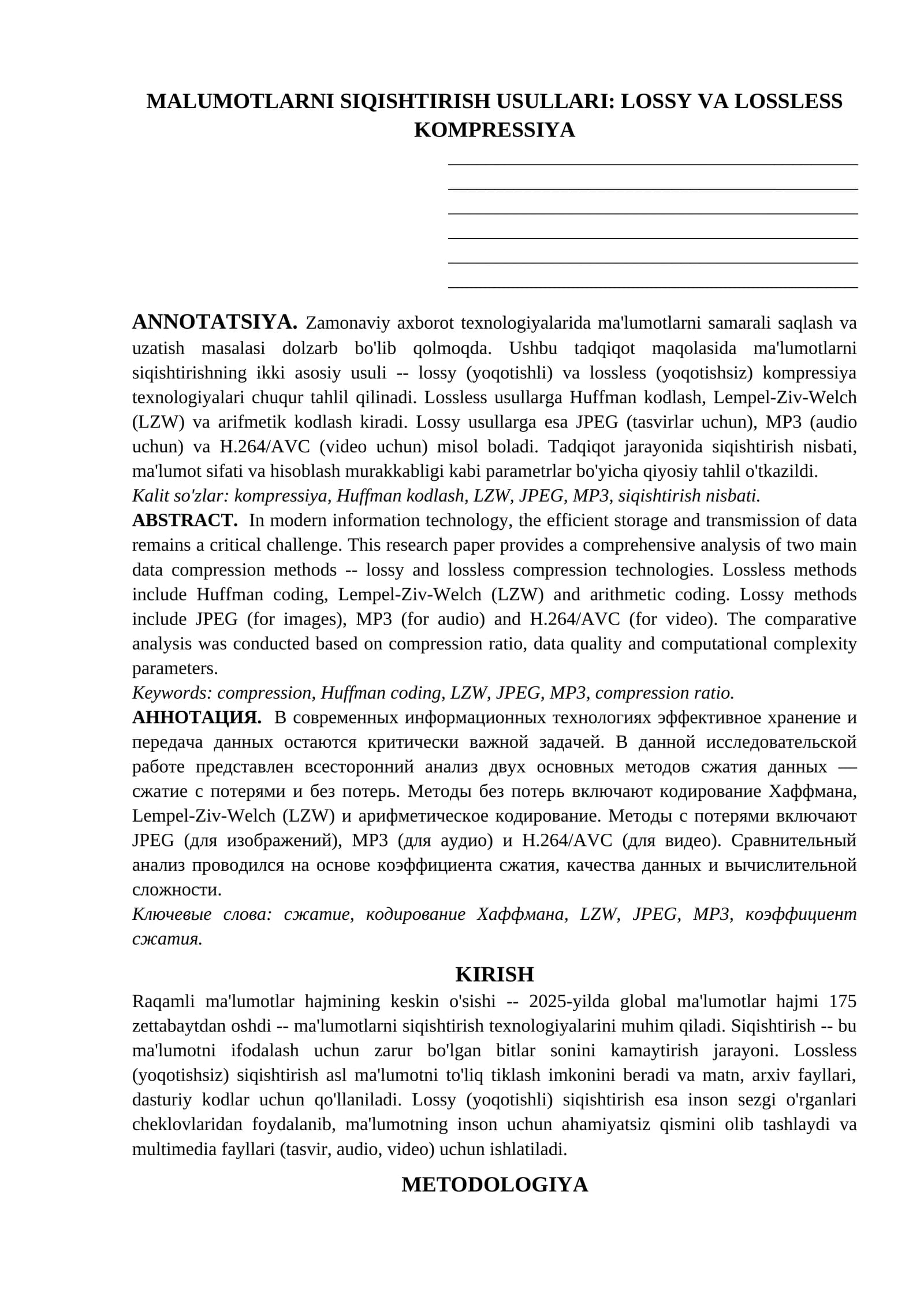 MALUMOTLARNI SIQISHTIRISH USULLARI: LOSSY VA LOSSLESS KOMPRESSIYA. MAQOLA