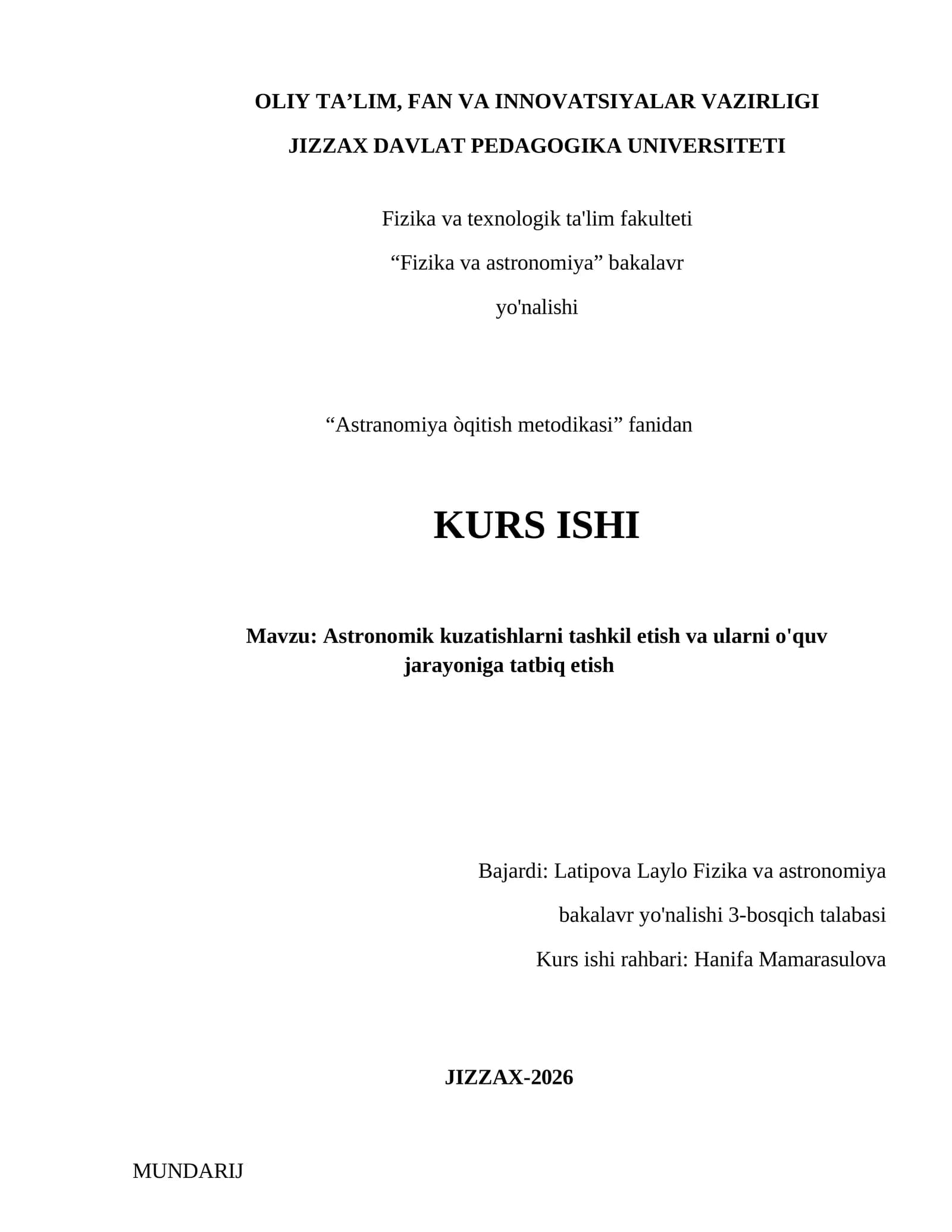 Astronomik kuzatishlarni tashkil etish va ularni o'quv jarayoniga tatbiq etish