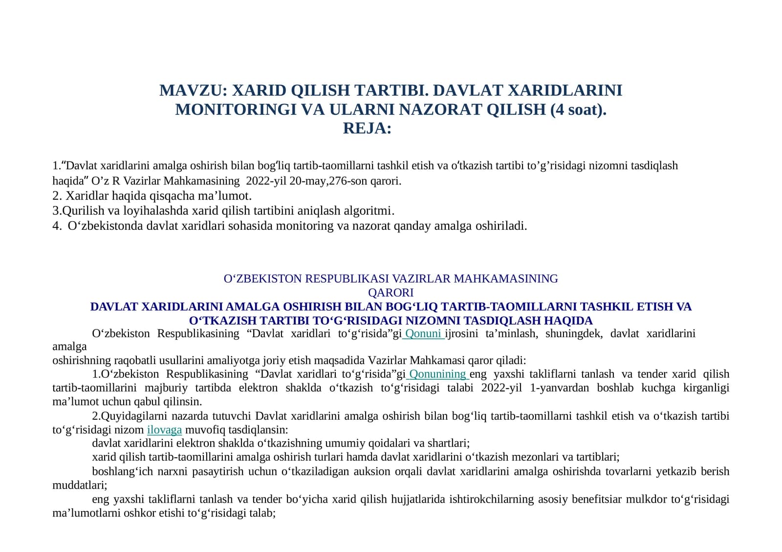 XARIDQILISHTARTIBI.DAVLATXARIDLARINIMONITORINGIVAULARNINAZORATQILISH(4soat)