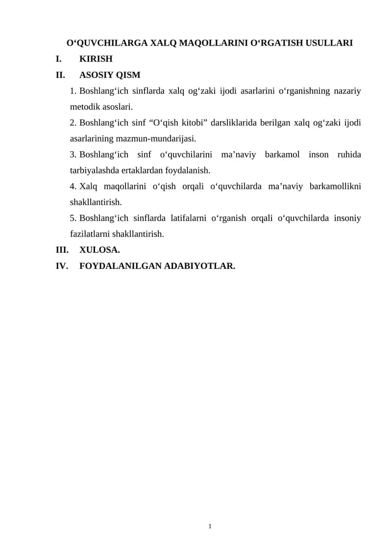 O‘QUVCHILARGA XALQ MAQOLLARINI O‘RGATISH USULLARI