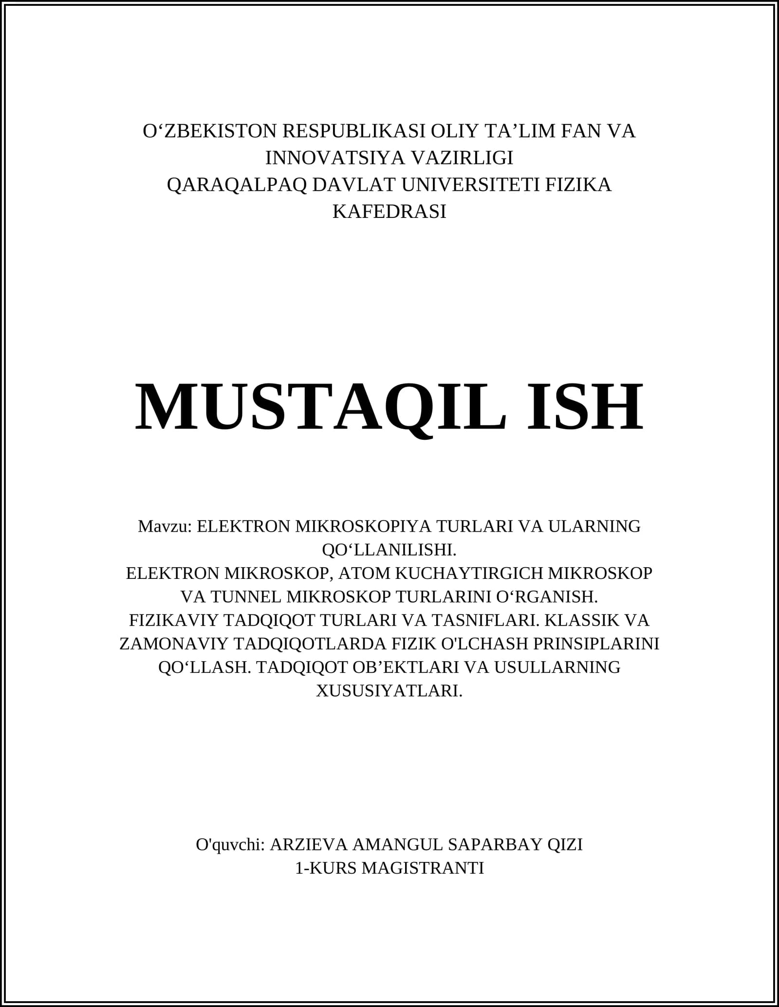 ELEKTRON MIKROSKOPIYA TURLARI VA ULARNING QO'LLANILISHI