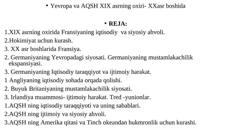 Yevropa va AQSH XIX asrning oxiri- XXasr boshida