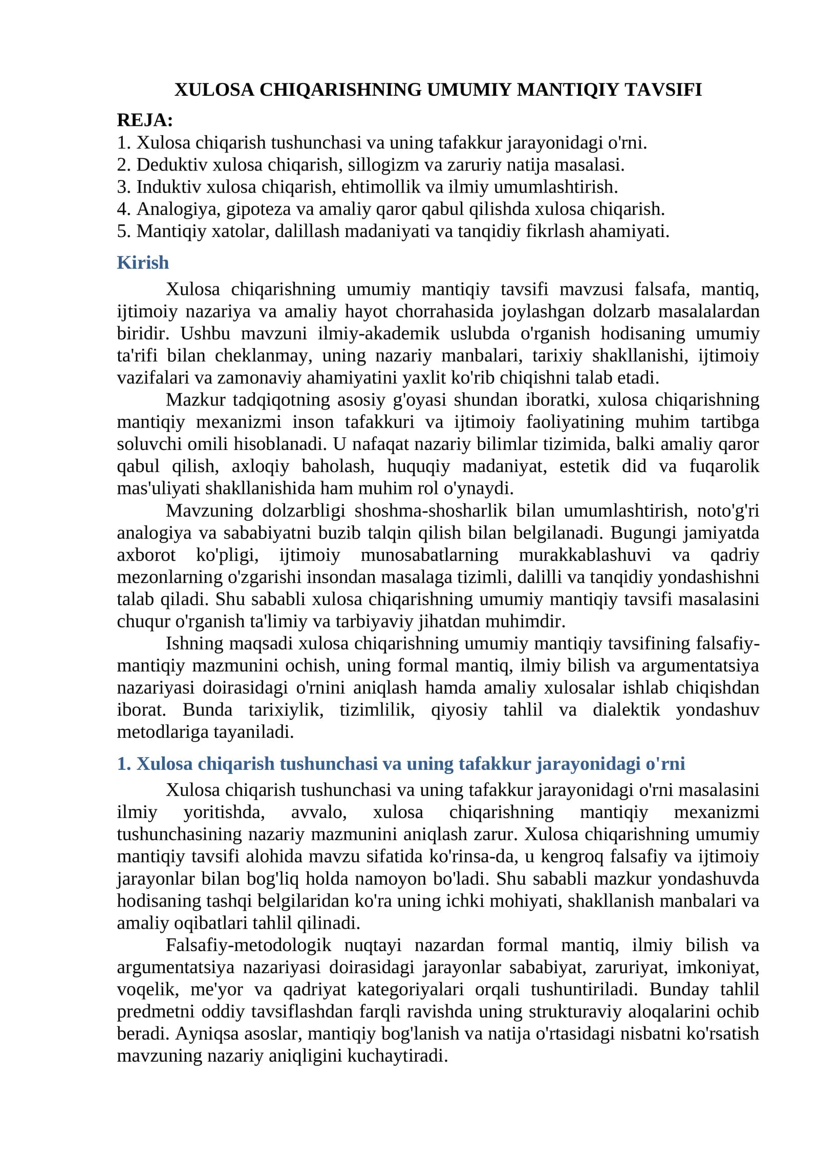 Xulosa Chiqarishning Umumiy Mantiqiy Tavsifi