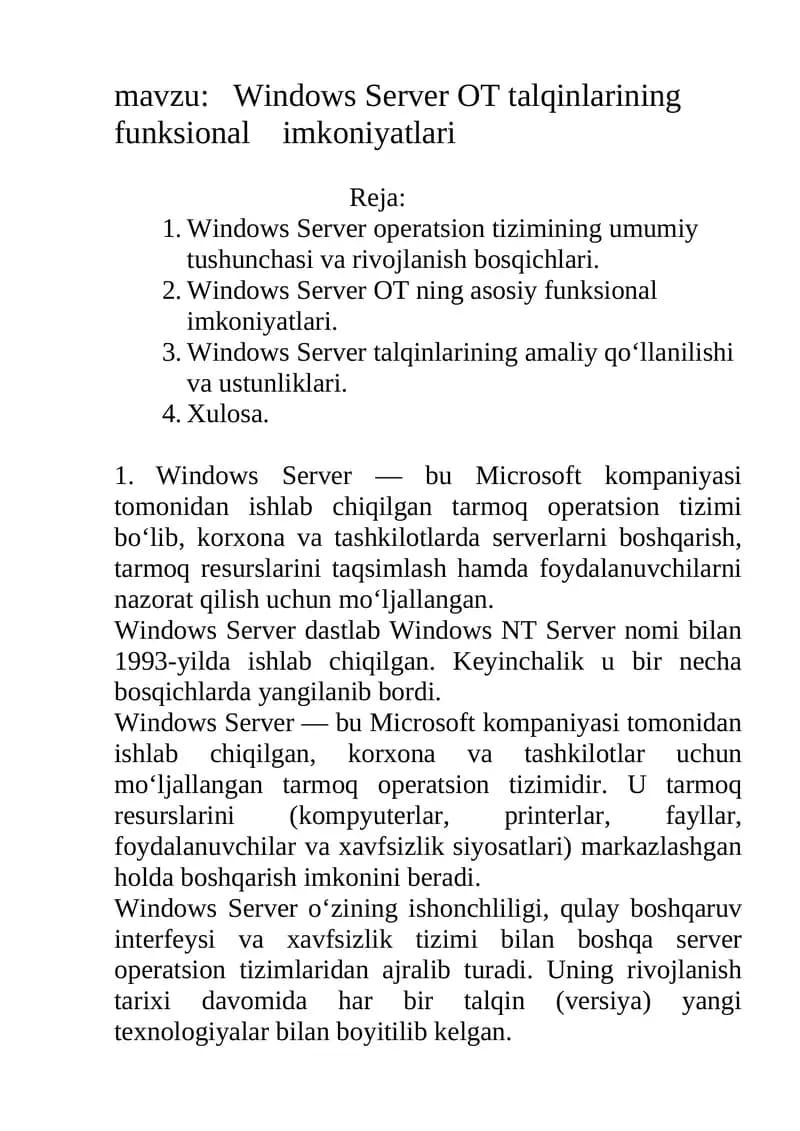 Windows Server OT talqinlarining funksional imkoniyatlari
